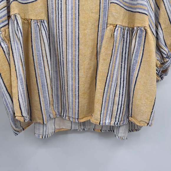 Ava James Top Women 2X Yellow Blue Striped Linen Cotton Blend Short Puff Sleeves - Picture 5 of 12